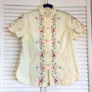 Vintage Hand Embroidered Floral Button Down Blouse Shirt Asian Chinese Japanese
